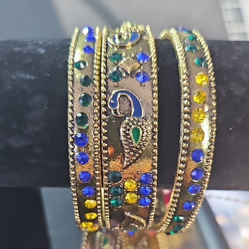 Sassy Jones Gold Peacock Bangles with Blue and Green Accents